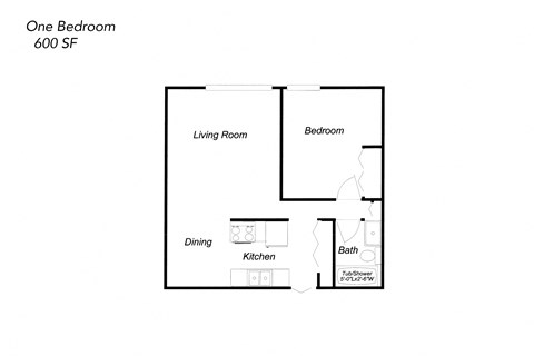 Floor plan for 1 bed, 1 bath, 600 sqft